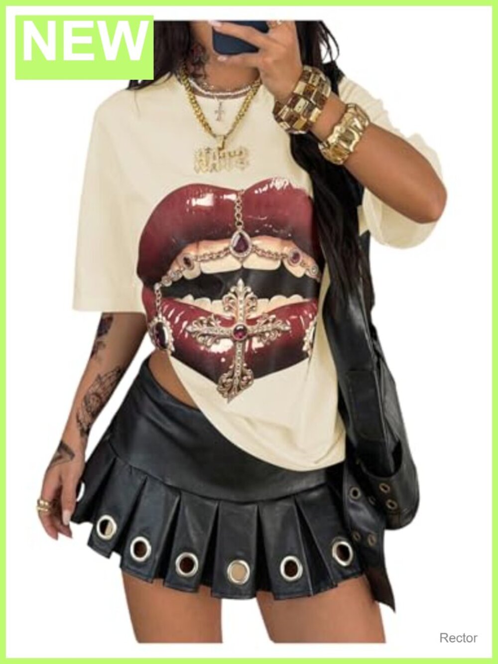 Women Lips Print Graphic T Shirt Drop Shoulder Half Sleeve Streetwear Rave Top
